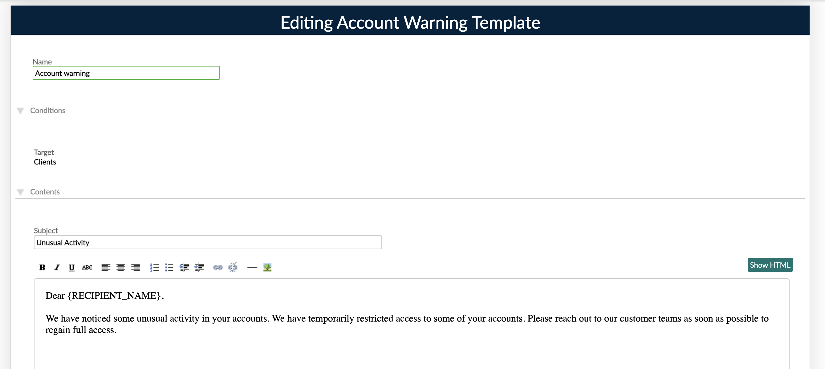 Dialog to create manual email notification template
